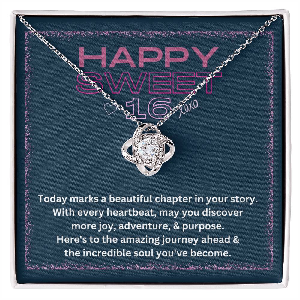 DesignTheShine Happy 16th Birthday Gifts for Girls, Sweet 16th Birthday Necklace for Daughter, Niece, Granddaughter or Girl, Gift Ideas Love Knot, Message Card USS64