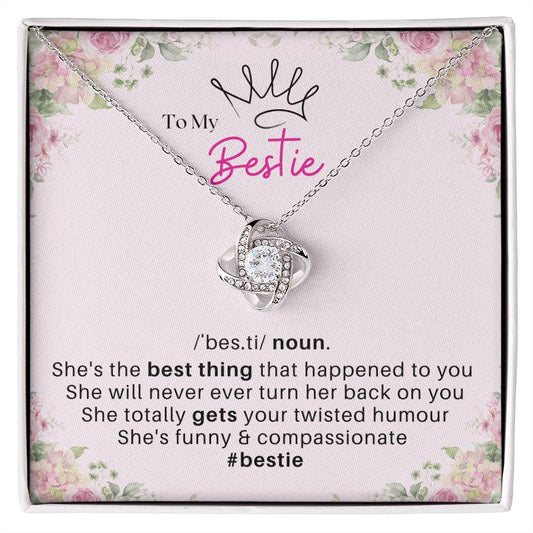 DesignTheShine Bestie Gifts, Best Friend Birthday Gifts, Friendship Gifts for Women Friends, BFF Necklace, Work Bestie Gifts, Bestie Necklaces, Love Knot with Thoughtful Message Card Necklace - BE2