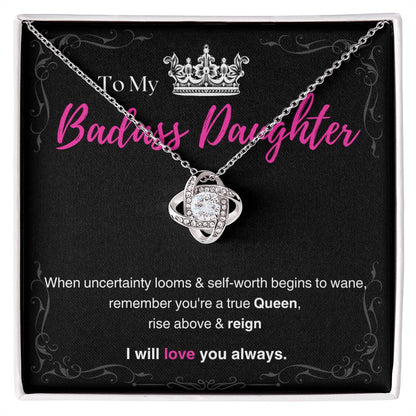 DesignTheShine Badass Daughter Necklace, Daughter Gifts from Mom or Dad, Christmas Gift for Teen Girls, Father Mother Daughter Gifts, Love Knot Message USBA3