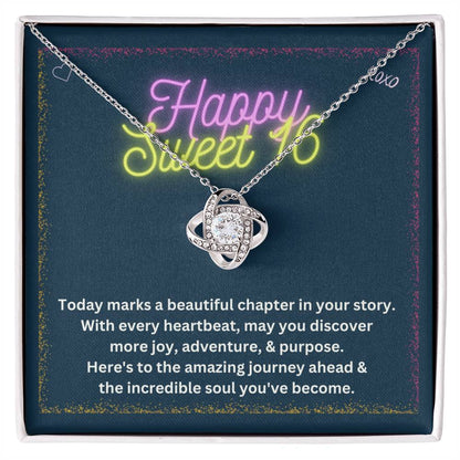 DesignTheShine Happy 16th Birthday Gifts for Girls, Sweet 16th Birthday Necklace for Daughter, Niece, Granddaughter or Girl, Gift Ideas Love Knot Necklace with Message Card and Gift Box - S65