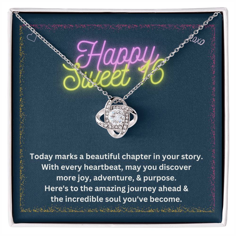 DesignTheShine Happy 16th Birthday Gifts for Girls, Sweet 16th Birthday Necklace for Daughter, Niece, Granddaughter or Girl, Gift Ideas Love Knot, Message Card USS65