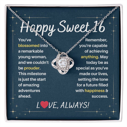 DesignTheShine Happy 16th Birthday Gifts for Girls, Sweet 16th Birthday Necklace for Daughter, Niece, Granddaughter or Girl, Gift Ideas Love Knot Necklace with Message Card and Gift Box - S63