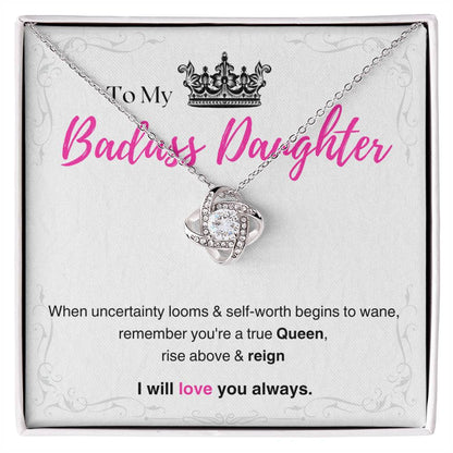 DesignTheShine Badass Daughter Necklace, Daughter Gifts from Mom or Dad, Christmas Gift for Teen Girls, Father Mother Daughter Gifts, Love Knot Necklace with Message Card and Gift Box - BA2