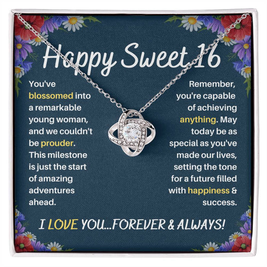 DesignTheShine Happy 16th Birthday Gifts for Girls, Sweet 16th Birthday Necklace for Daughter, Niece, Granddaughter or Girl, Gift Ideas Love Knot Necklace with Message Card and Gift Box - S61