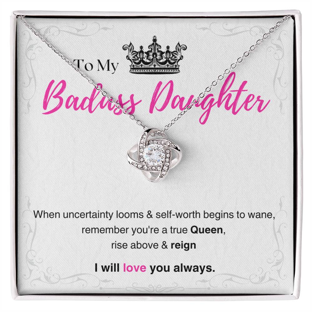 DesignTheShine Badass Daughter Necklace, Daughter Gifts from Mom or Dad, Christmas Gift for Teen Girls, Father Mother Daughter Gifts, Love Knot Necklace with Message Card and Gift Box - BA1