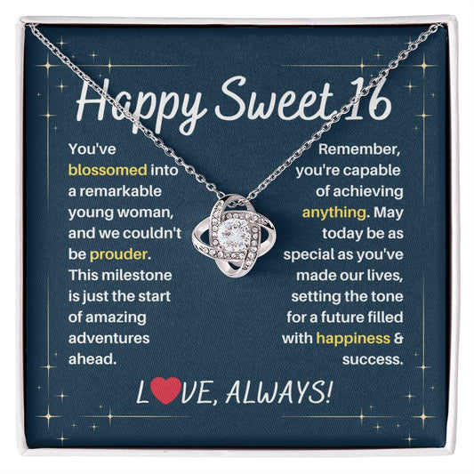 DesignTheShine Happy 16th Birthday Gifts for Girls, Sweet 16th Birthday Necklace for Daughter, Niece, Granddaughter or Girl, Gift Ideas Love Knot Necklace with Message Card and Gift Box - S62