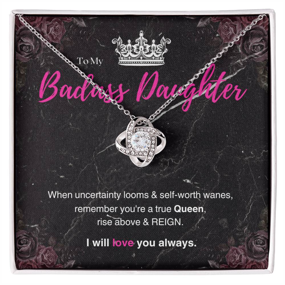 DesignTheShine Badass Daughter Necklace, Daughter Gifts from Mom or Dad, Christmas Gift for Teen Girls, Father Mother Daughter Gifts, Love Knot Necklace with Message Card and Gift Box - BA4