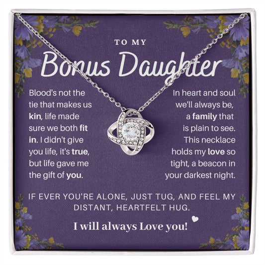 DesignTheShine Bonus Daughter Gifts Necklace for Stepdaughter Gift from Stepmom or Stepdad, Love Knot Necklaces for Christmas, Birthday, Graduation with Thoughtful Message Card and Gift Box - BD4