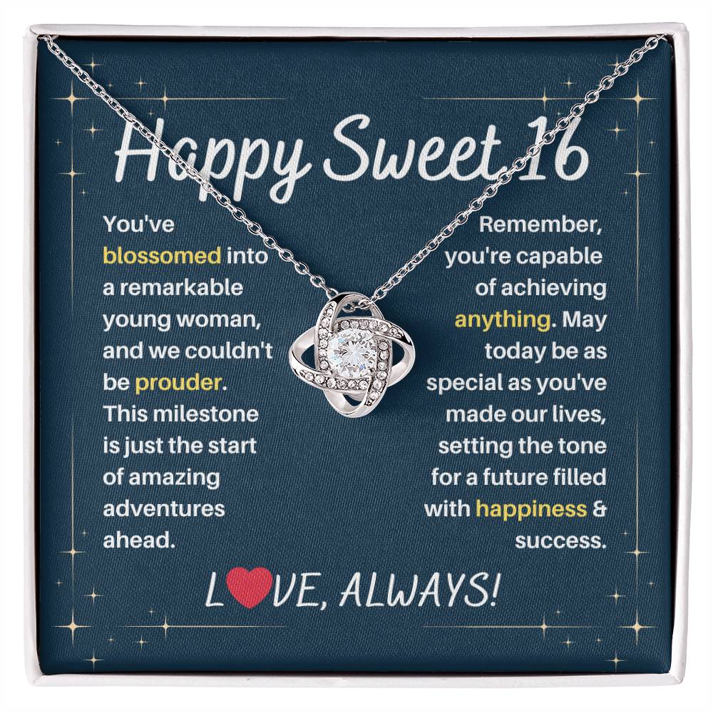 DesignTheShine Happy 16th Birthday Gifts for Girls, Sweet 16th Birthday Necklace for Daughter, Niece, Granddaughter or Girl, Gift Ideas Love Knot Message USS62