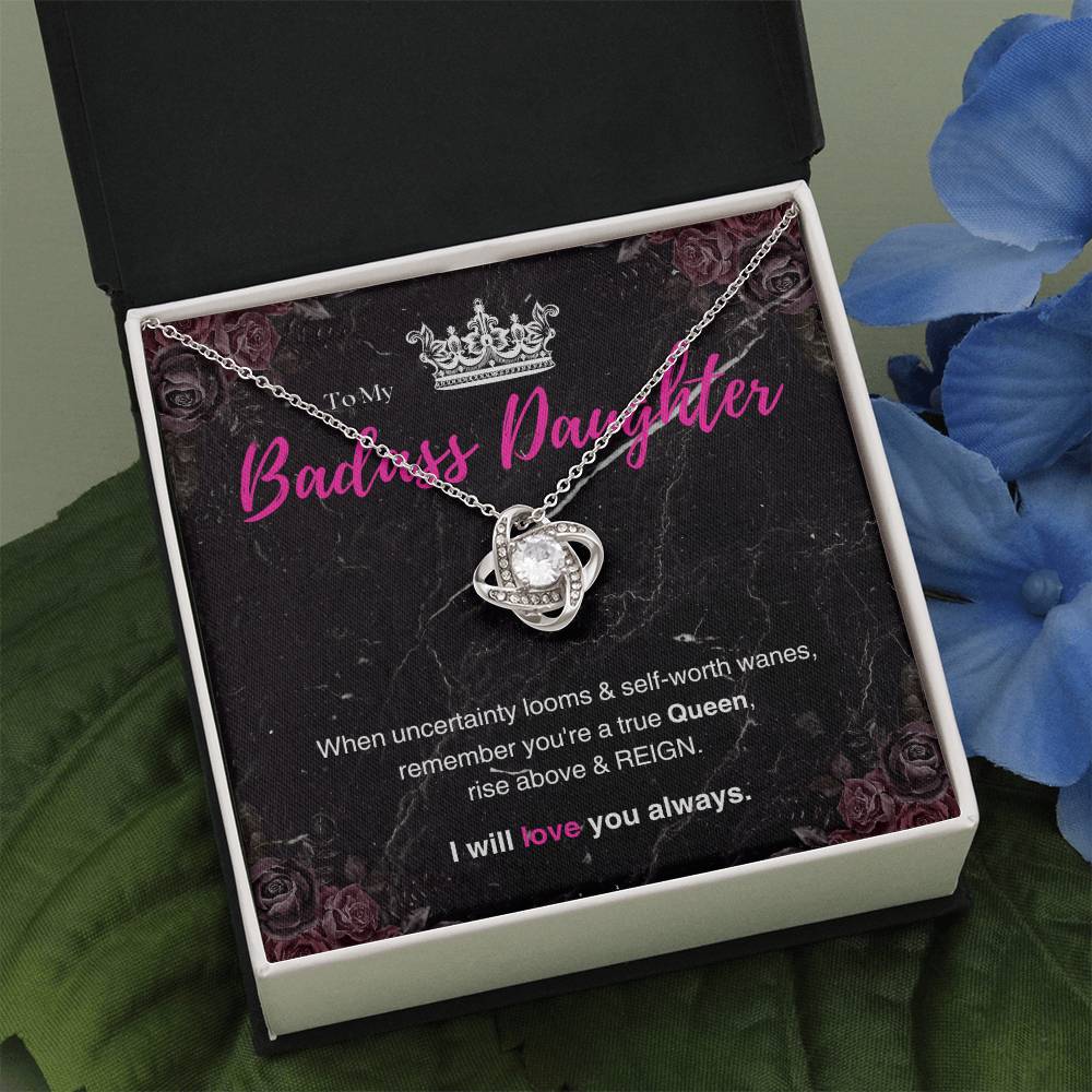 DesignTheShine Badass Daughter Necklace, Daughter Gifts from Mom or Dad, Christmas Gift for Teen Girls, Father Mother Daughter Gifts, Love Knot Necklace with Message Card and Gift Box - BA4