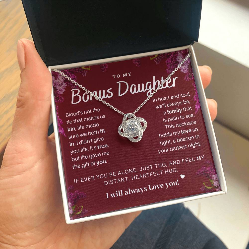 DesignTheShine Bonus Daughter Gifts Necklace for Stepdaughter Gift from Stepmom or Stepdad, Love Knot Necklaces for Christmas, Birthday, Graduation with Thoughtful Message Card and Gift Box - BD1