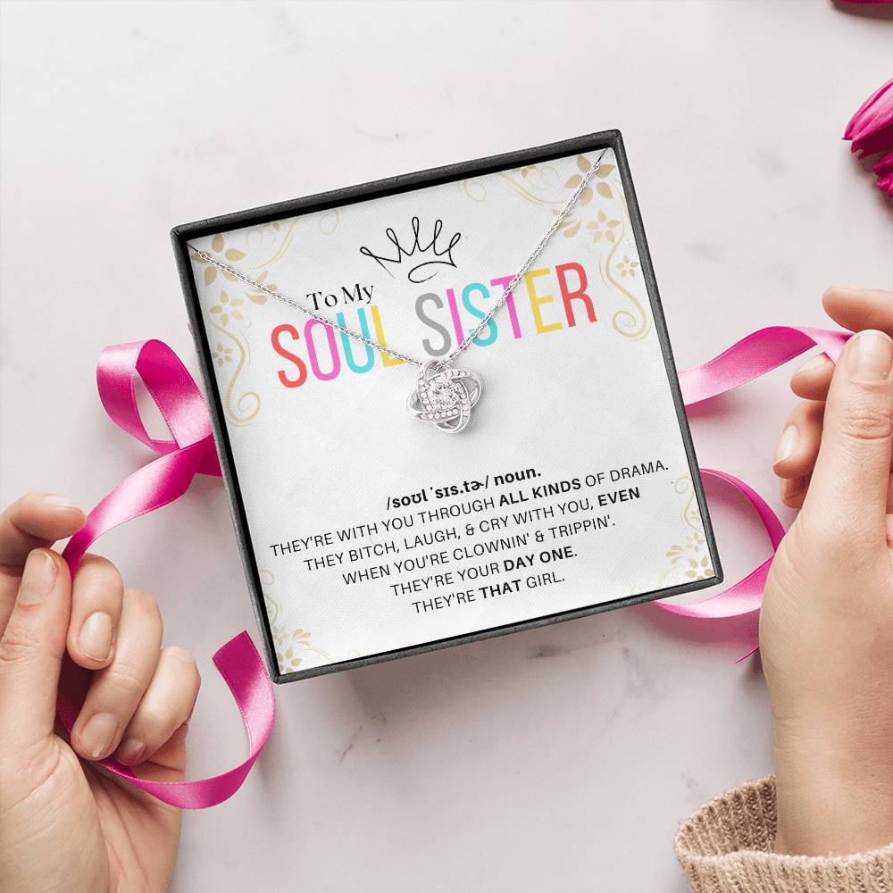 DesignTheShine Soul Sister Gifts for Women, BFF Gift, Best Friend Gift Ideas, Sisters Gift from Sister, Big Sister Gifts, Love Knot Necklace with Thoughtful Message Card and Gift Box - SS1