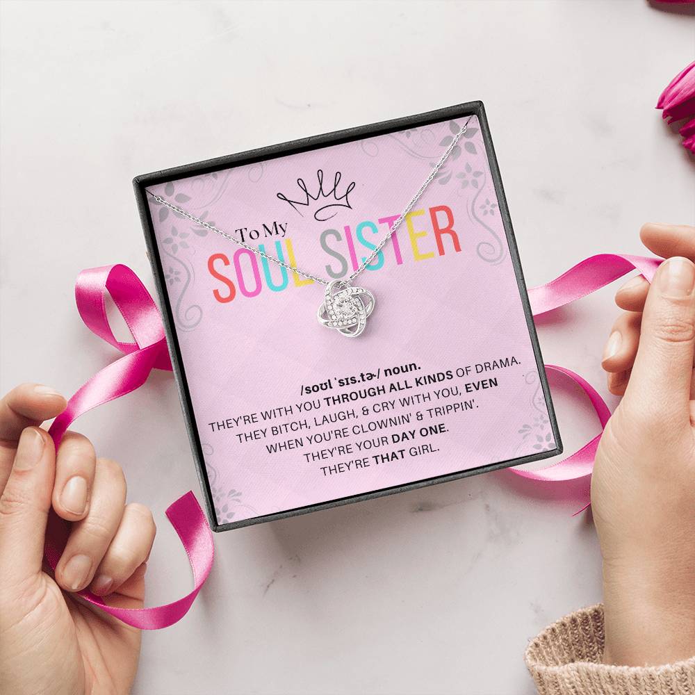 DesignTheShine Soul Sister Gifts for Women, BFF Gift, Best Friend Gift Ideas, Sisters Gift from Sister, Big Sister Gifts, Love Knot Necklace with Thoughtful Message Card and Gift Box - SS3