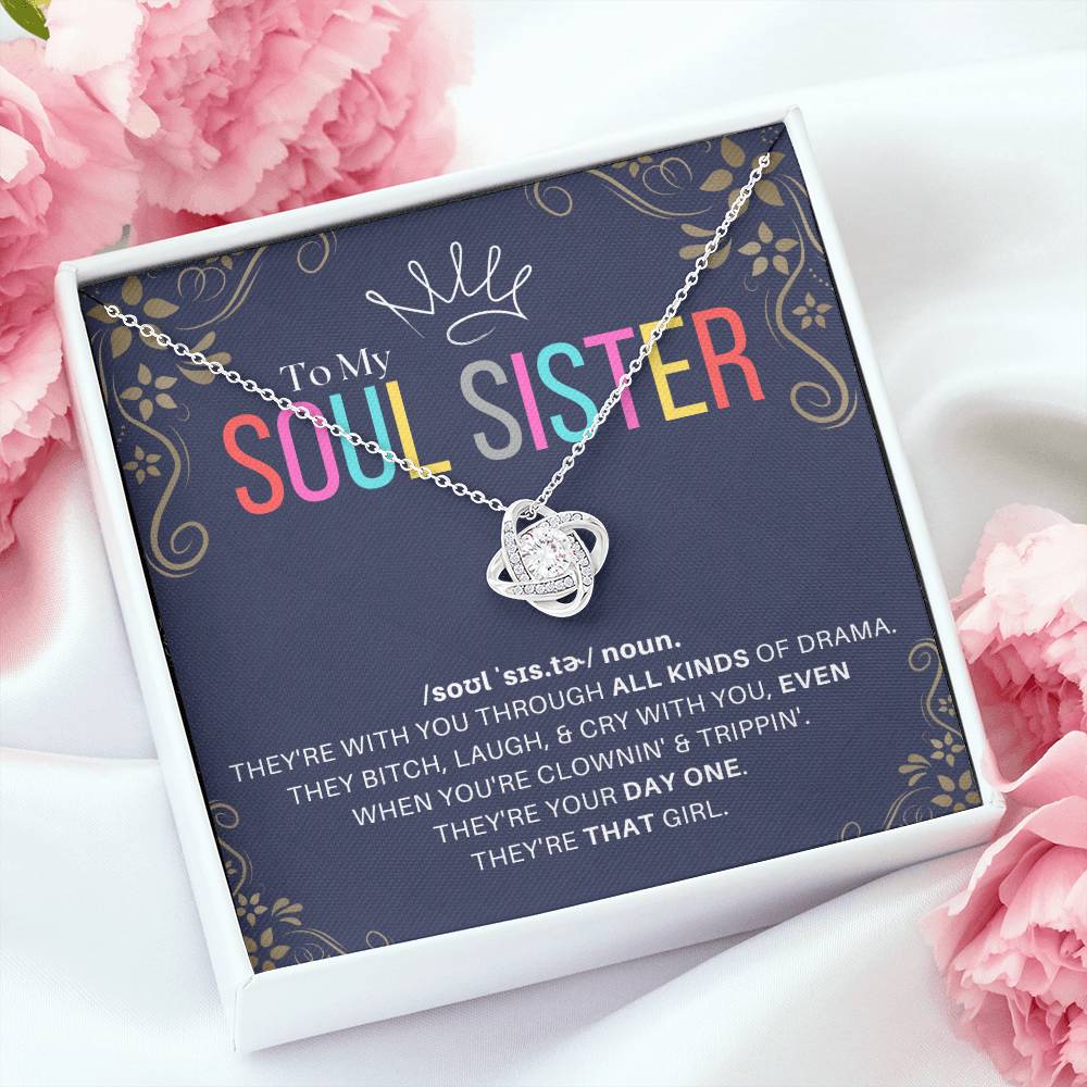 DesignTheShine Soul Sister Gifts for Women, BFF Gift, Best Friend Gift Ideas, Sisters Gift from Sister, Big Sister Gifts, Love Knot Necklace with Thoughtful Message Card and Gift Box - SS2