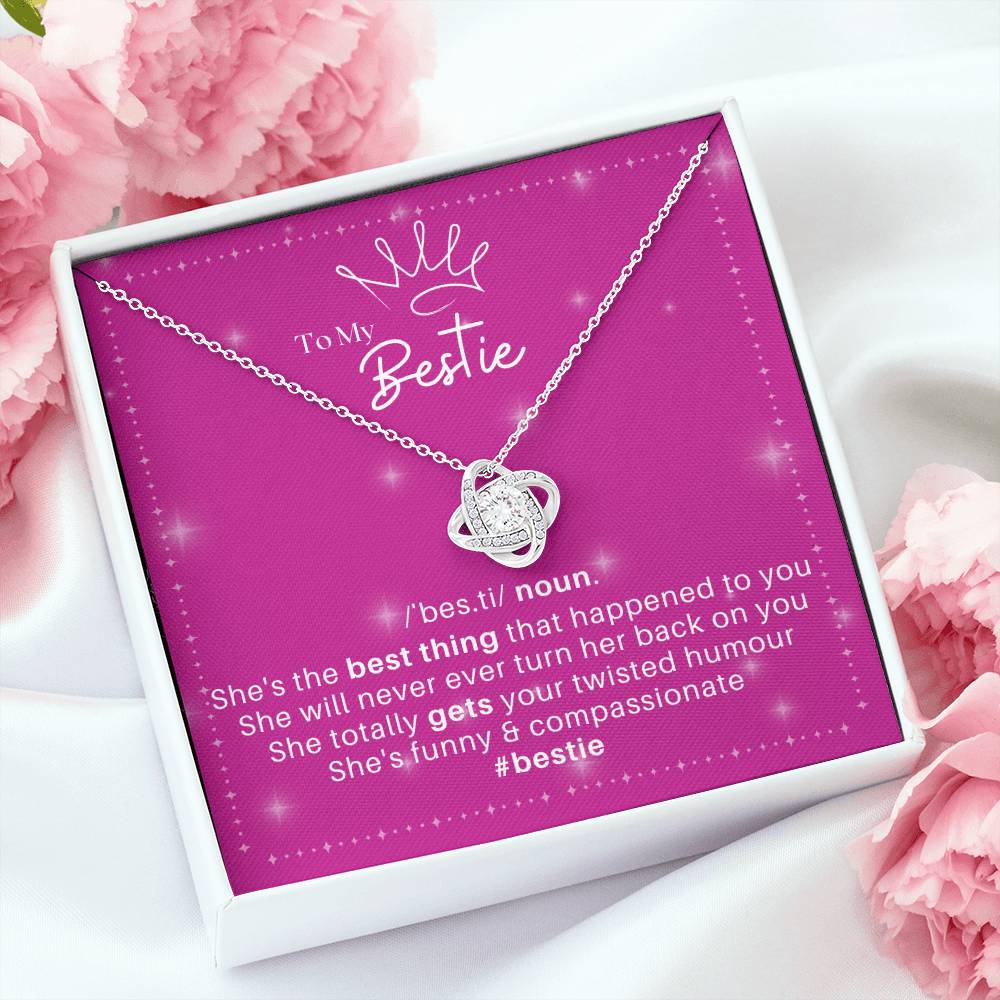 DesignTheShine Bestie Gifts, Best Friend Birthday Gifts, Friendship Gifts for Women Friends, BFF Necklace, Work Bestie Gifts, Bestie Necklaces, Love Knot with Thoughtful Message Card Necklace - BE5