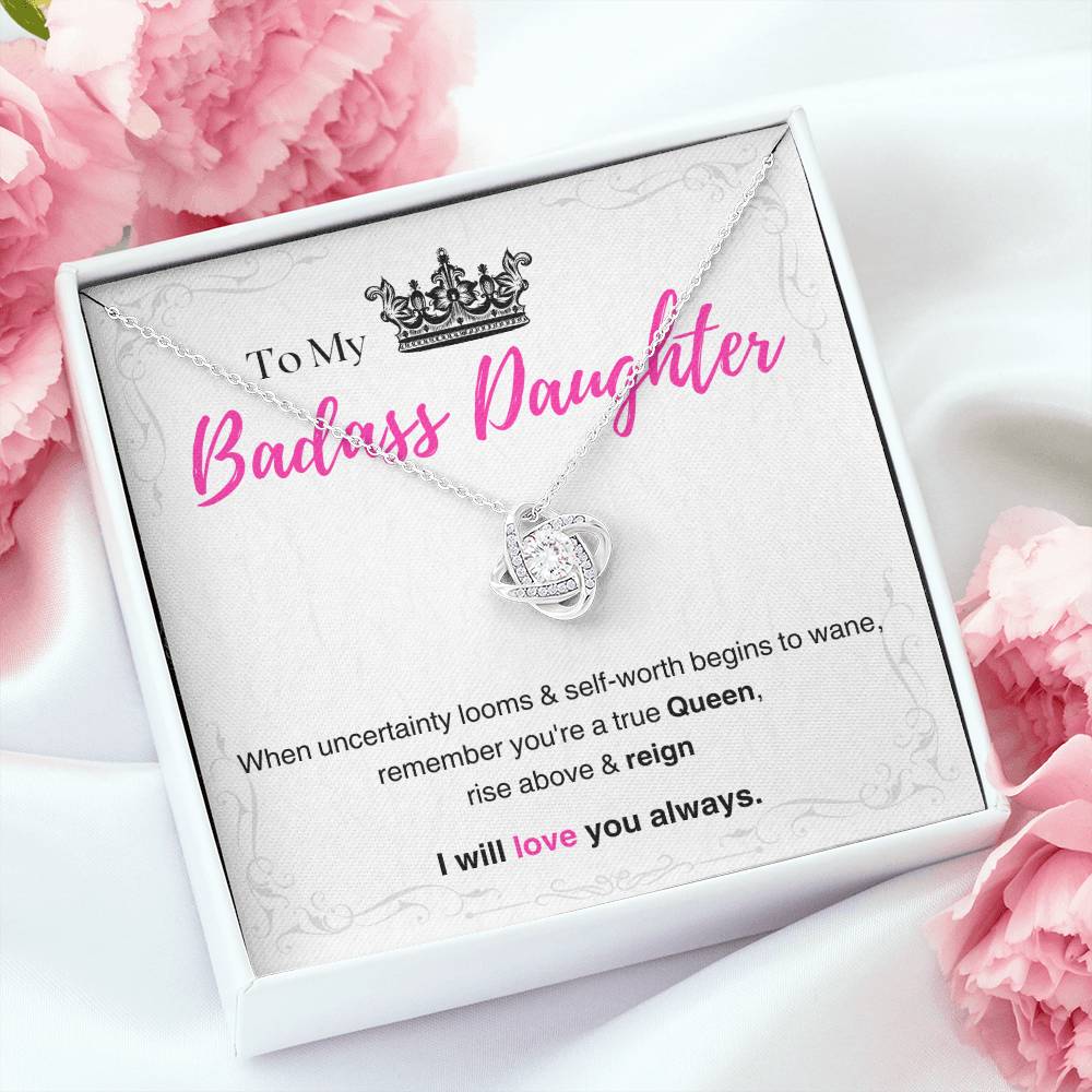 DesignTheShine Badass Daughter Necklace, Daughter Gifts from Mom or Dad, Christmas Gift for Teen Girls, Father Mother Daughter Gifts, Love Knot Message USBA1