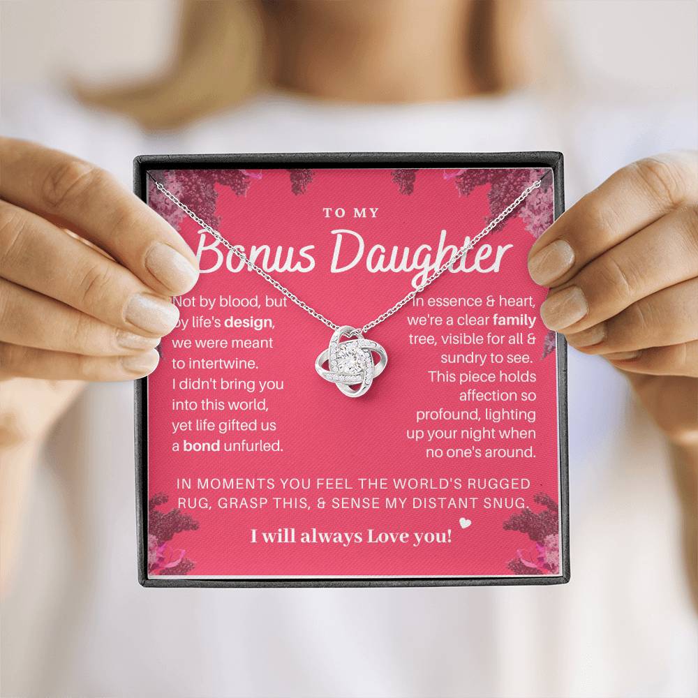 DesignTheShine Bonus Daughter Gifts Necklace for Stepdaughter Gift from Stepmom or Stepdad, Love Knot Necklaces for Christmas, Birthday, Graduation with Thoughtful Message Card and Gift Box - BD2