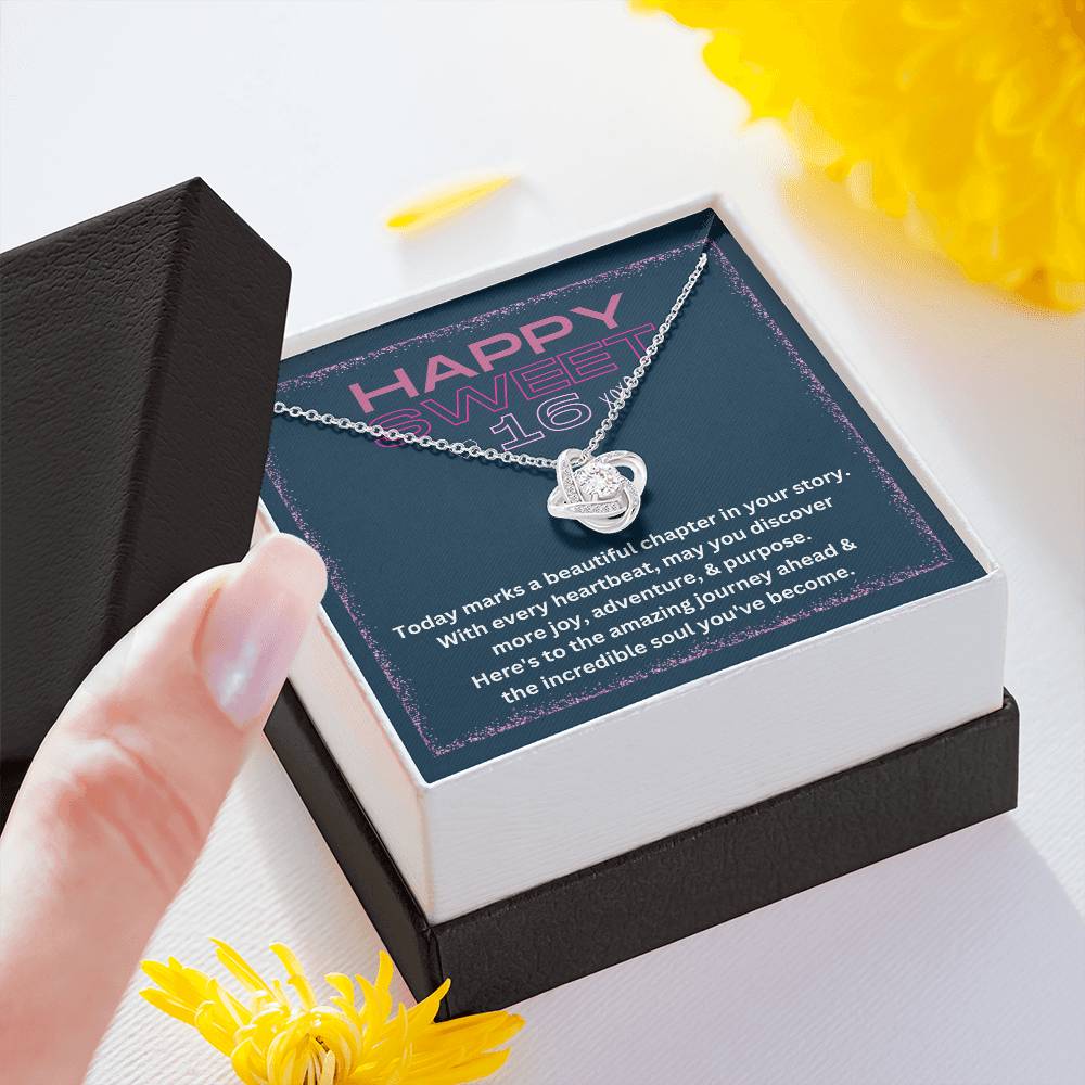 DesignTheShine Happy 16th Birthday Gifts for Girls, Sweet 16th Birthday Necklace for Daughter, Niece, Granddaughter or Girl, Gift Ideas Love Knot Necklace with Message Card and Gift Box - S64