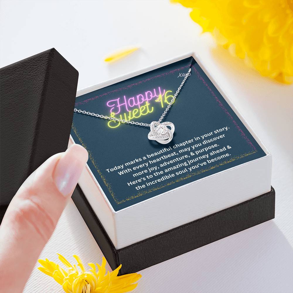 DesignTheShine Happy 16th Birthday Gifts for Girls, Sweet 16th Birthday Necklace for Daughter, Niece, Granddaughter or Girl, Gift Ideas Love Knot, Message Card USS65