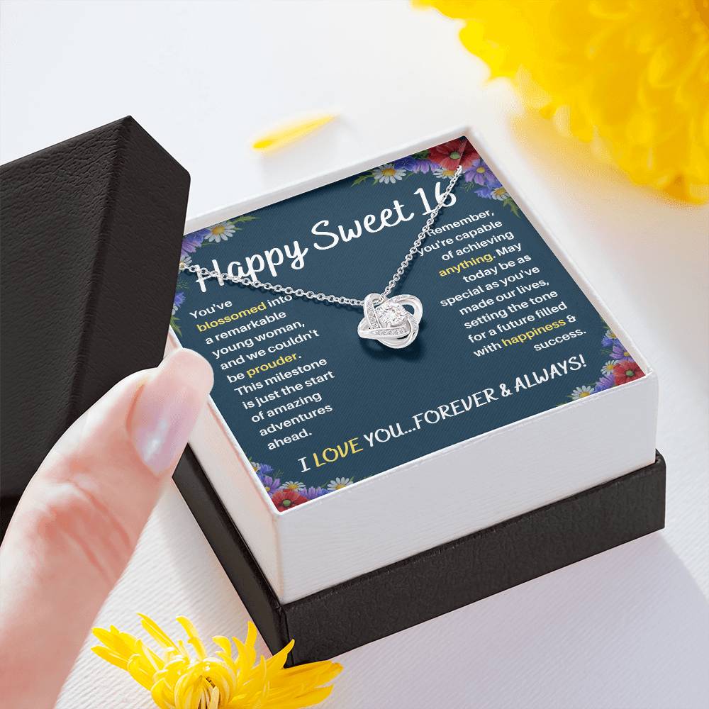 DesignTheShine Happy 16th Birthday Gifts for Girls, Sweet 16th Birthday Necklace for Daughter, Niece, Granddaughter or Girl, Gift Ideas Love Knot Necklace with Message Card and Gift Box - S61