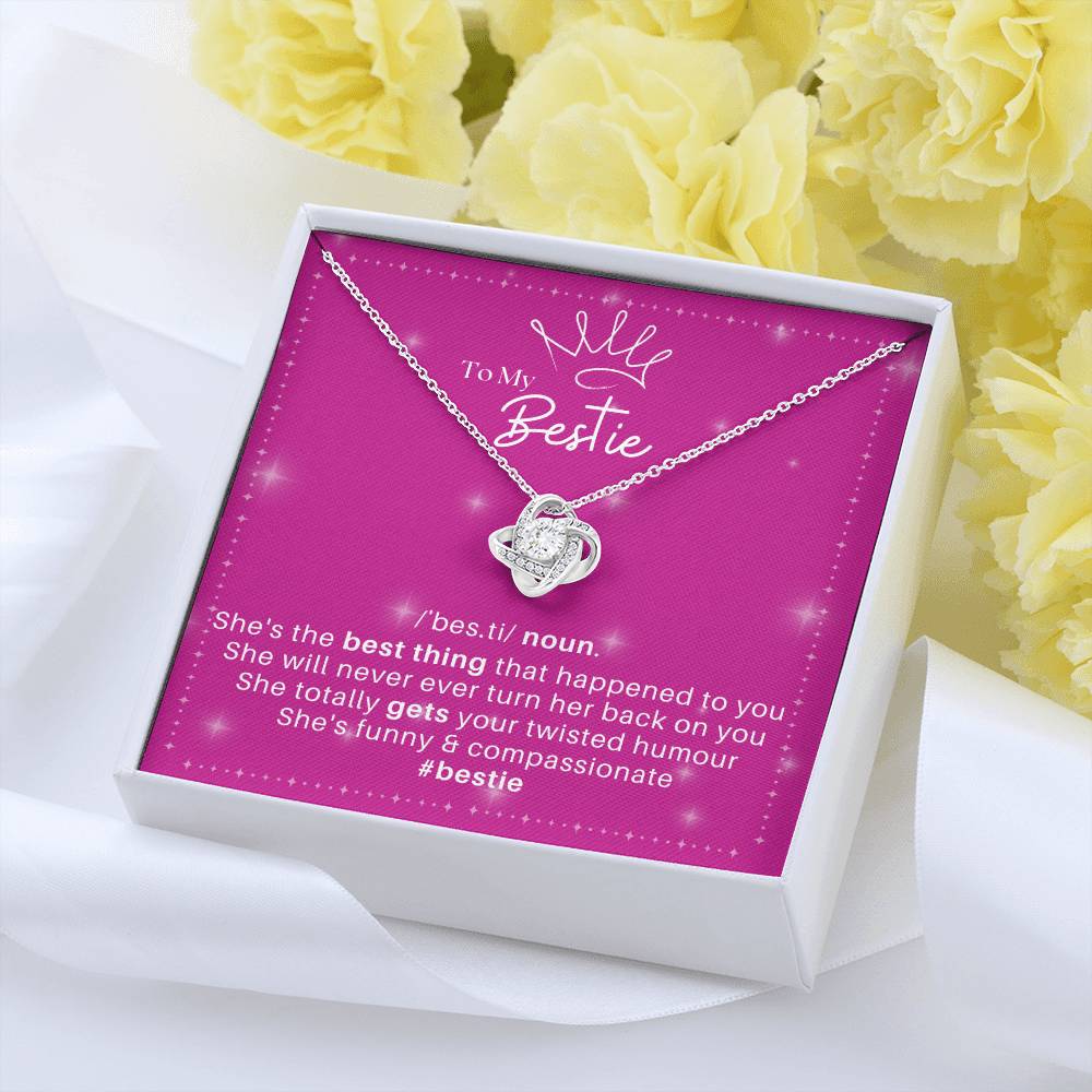 DesignTheShine Bestie Gifts, Best Friend Birthday Gifts, Friendship Gifts for Women Friends, BFF Necklace, Work Bestie Gifts, Bestie Necklaces, Love Knot with Thoughtful Message Card Necklace - BE5