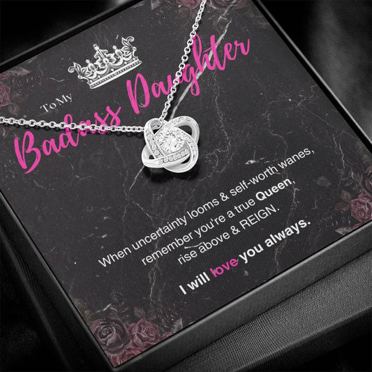 DesignTheShine Badass Daughter Necklace, Daughter Gifts from Mom or Dad, Christmas Gift for Teen Girls, Father Mother Daughter Gifts, Love Knot Message USBA4