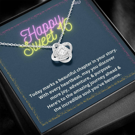 DesignTheShine Happy 16th Birthday Gifts for Girls, Sweet 16th Birthday Necklace for Daughter, Niece, Granddaughter or Girl, Gift Ideas Love Knot, Message Card USS65