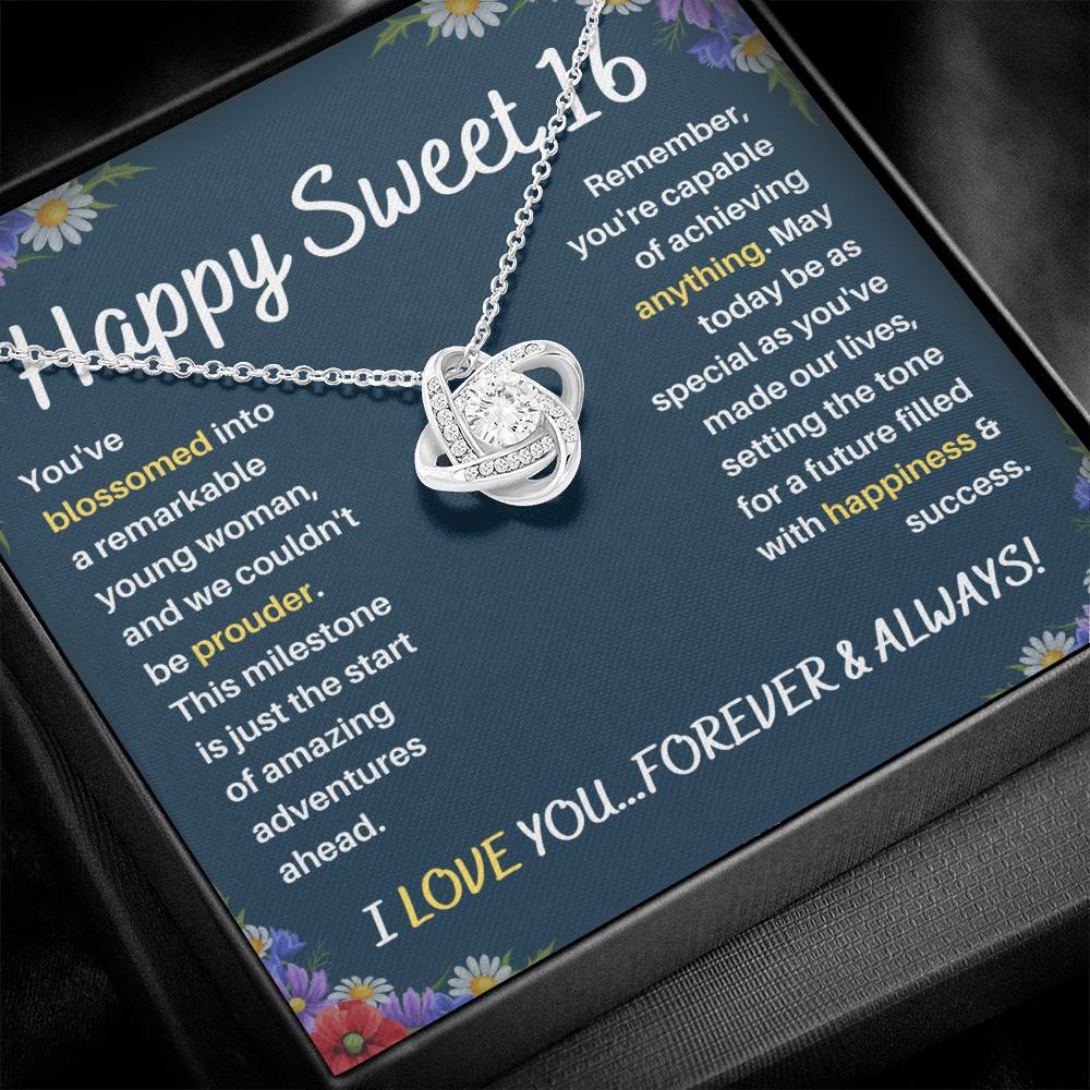 DesignTheShine Happy 16th Birthday Gifts for Girls, Sweet 16th Birthday Necklace for Daughter, Niece, Granddaughter or Girl, Gift Ideas Love Knot Message USS61