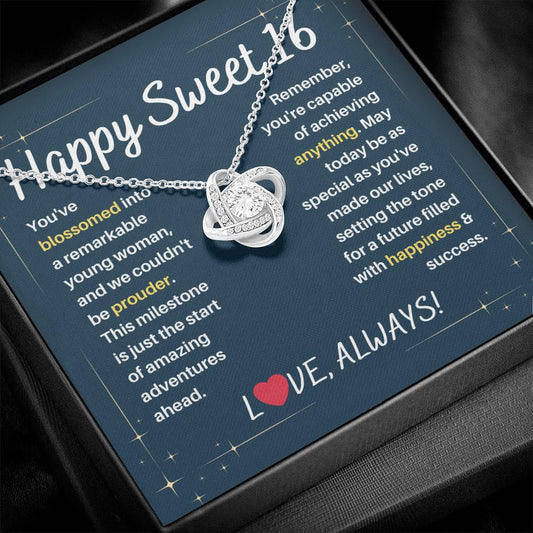 DesignTheShine Happy 16th Birthday Gifts for Girls, Sweet 16th Birthday Necklace for Daughter, Niece, Granddaughter or Girl, Gift Ideas Love Knot Necklace with Message Card and Gift Box - S63