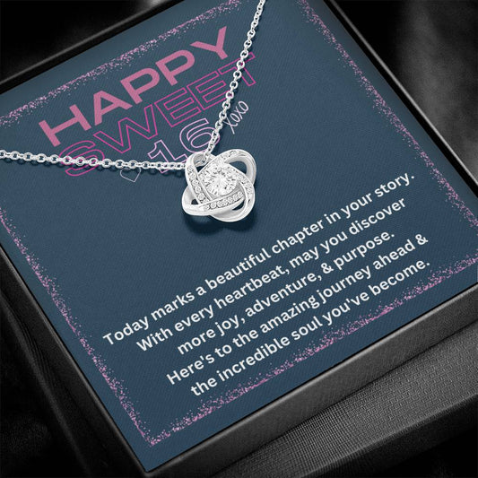 DesignTheShine Happy 16th Birthday Gifts for Girls, Sweet 16th Birthday Necklace for Daughter, Niece, Granddaughter or Girl, Gift Ideas Love Knot Necklace with Message Card and Gift Box - S64