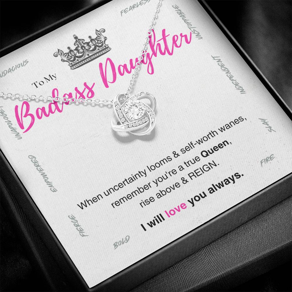 DesignTheShine Badass Daughter Necklace, Daughter Gifts from Mom or Dad, Christmas Gift for Teen Girls, Father Mother Daughter Gifts, Love Knot Necklace with Message Card and Gift Box - BA5