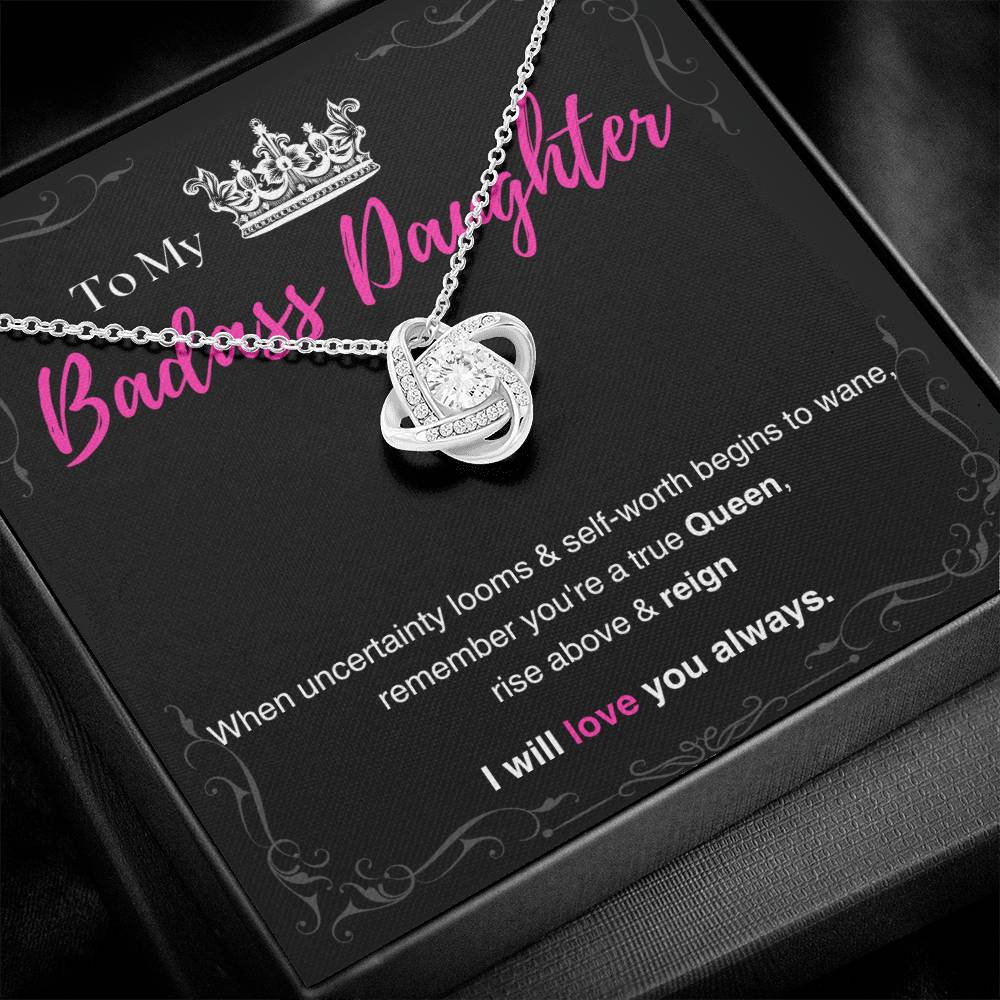 DesignTheShine Badass Daughter Necklace, Daughter Gifts from Mom or Dad, Christmas Gift for Teen Girls, Father Mother Daughter Gifts, Love Knot Message USBA3