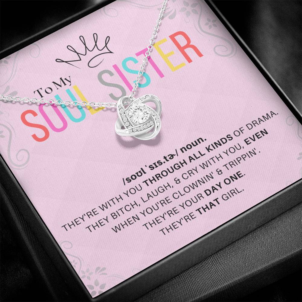 DesignTheShine Soul Sister Gifts for Women, BFF Gift, Best Friend Gift Ideas, Sisters Gift from Sister, Big Sister Gifts, Love Knot Necklace with Thoughtful Message Card and Gift Box - SS3