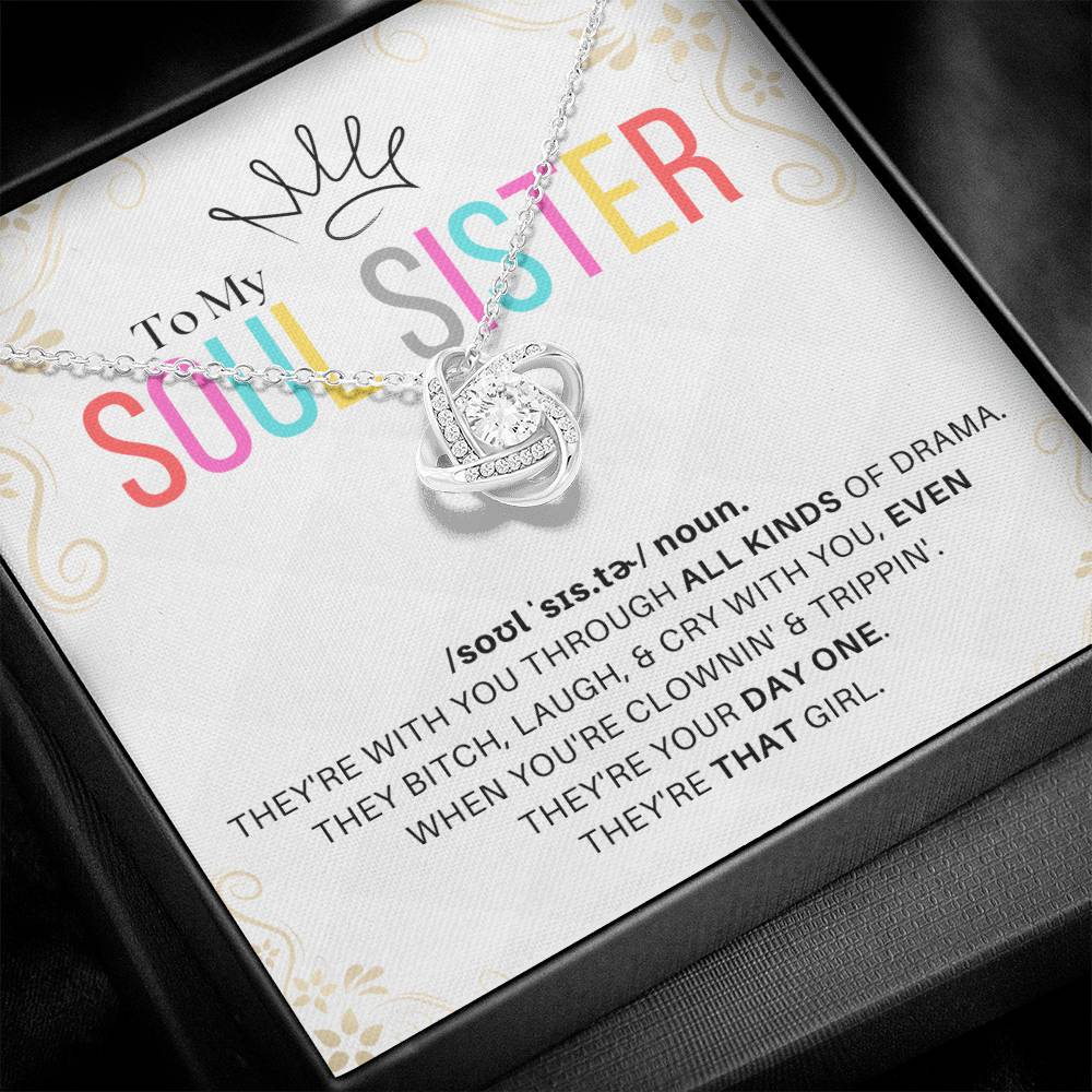 DesignTheShine Soul Sister Gifts for Women, BFF Gift, Best Friend Gift Ideas, Sisters Gift from Sister, Big Sister Gifts, Love Knot Necklace with Thoughtful Message Card and Gift Box - SS1