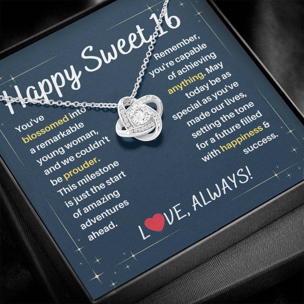 DesignTheShine Happy 16th Birthday Gifts for Girls, Sweet 16th Birthday Necklace for Daughter, Niece, Granddaughter or Girl, Gift Ideas Love Knot Message USS62