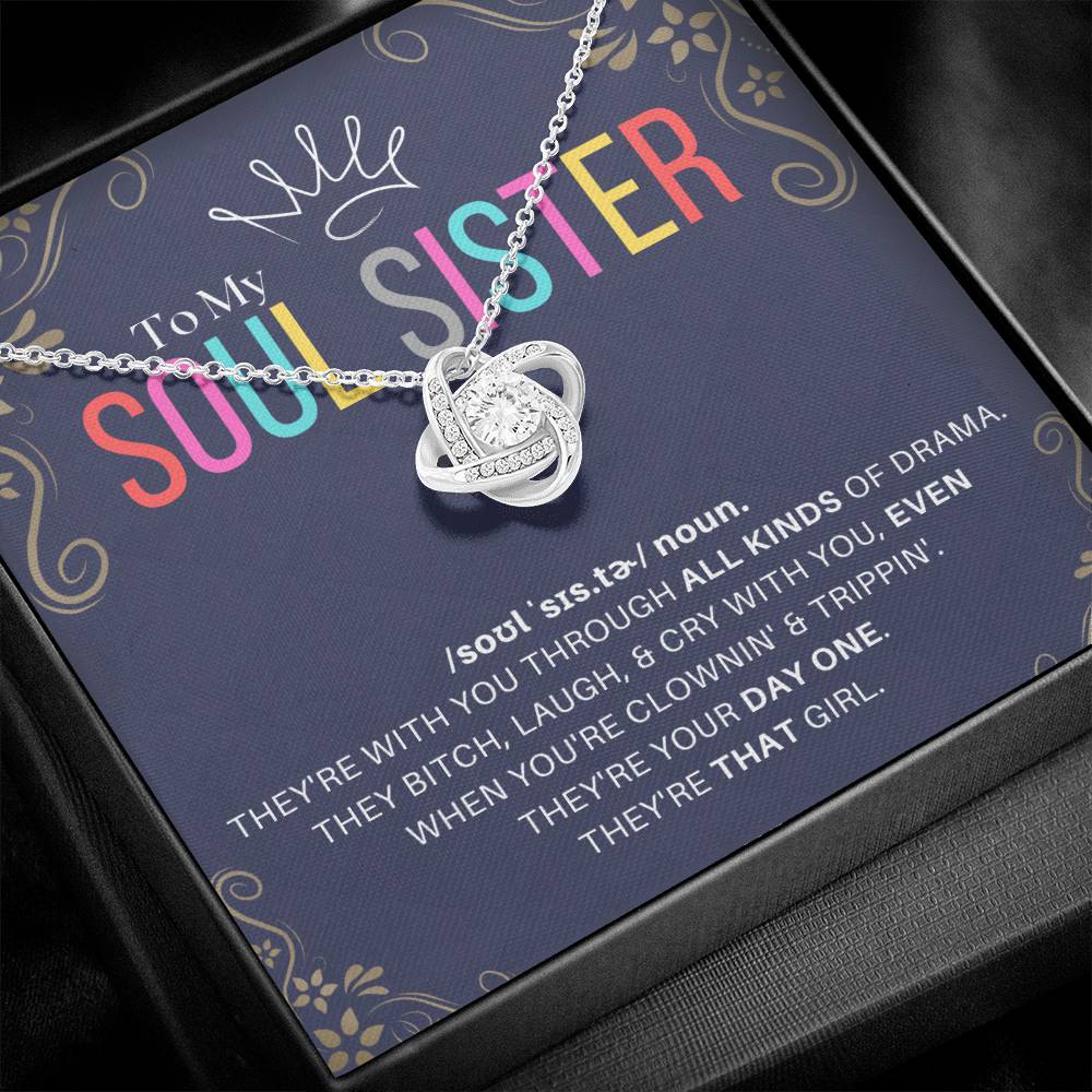 DesignTheShine Soul Sister Gifts for Women, BFF Gift, Best Friend Gift Ideas, Sisters Gift from Sister, Big Sister Gifts, Love Knot Necklace with Thoughtful Message Card and Gift Box - SS2