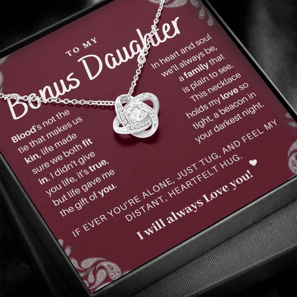 DesignTheShine Bonus Daughter Gifts Necklace for Stepdaughter Gift from Stepmom or Stepdad, Love Knot Necklaces for Christmas, Birthday, Graduation with Thoughtful Message Card and Gift Box - BD3