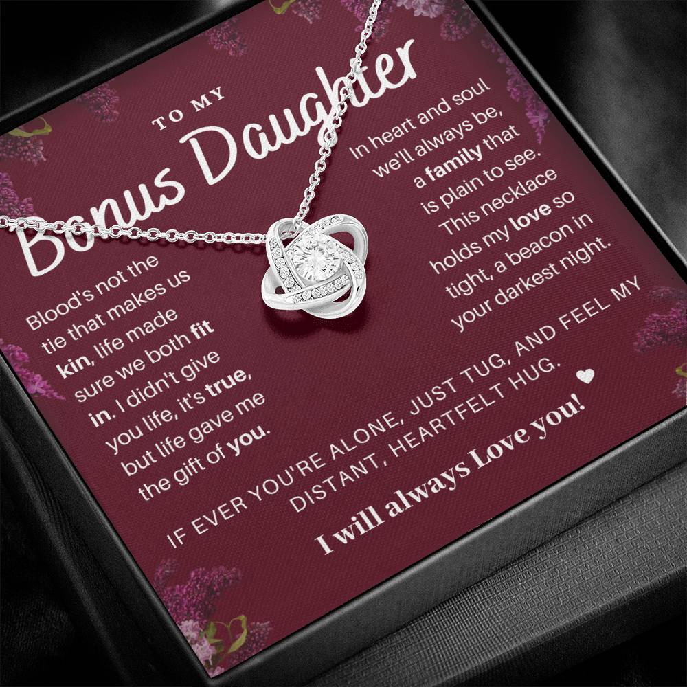 DesignTheShine Bonus Daughter Gifts Necklace for Stepdaughter Gift from Stepmom or Stepdad, Love Knot Necklaces for Christmas, Birthday, Graduation with Thoughtful Message Card and Gift Box - BD1