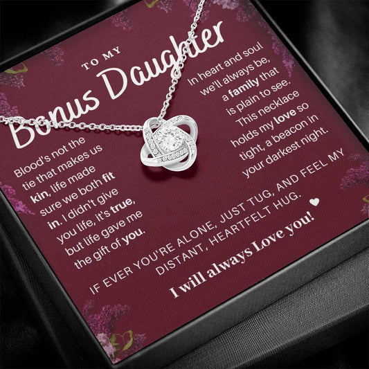 DesignTheShine Bonus Daughter Gifts Necklace for Stepdaughter Gift from Stepmom or Stepdad, Love Knot Necklaces for Christmas, Birthday, Graduation with Thoughtful Message Card and Gift Box - BD1