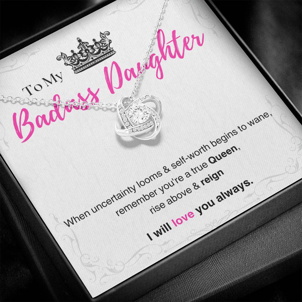 DesignTheShine Badass Daughter Necklace, Daughter Gifts from Mom or Dad, Christmas Gift for Teen Girls, Father Mother Daughter Gifts, Love Knot Necklace with Message Card and Gift Box - BA2