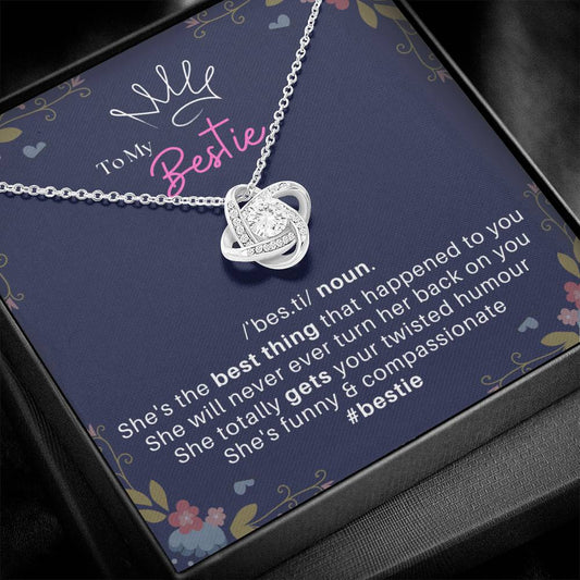 DesignTheShine Bestie Gifts, Best Friend Birthday Gifts, Friendship Gifts for Women Friends, BFF Necklace, Work Bestie Gifts, Bestie Necklaces, Love Knot with Thoughtful Message Card Necklace - BE4