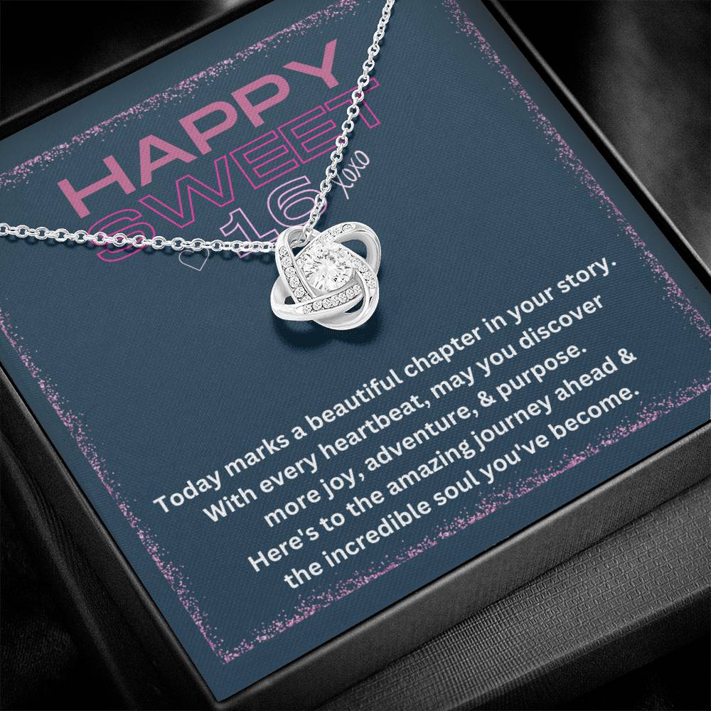 DesignTheShine Happy 16th Birthday Gifts for Girls, Sweet 16th Birthday Necklace for Daughter, Niece, Granddaughter or Girl, Gift Ideas Love Knot, Message Card USS64