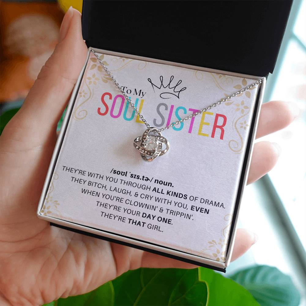 DesignTheShine Soul Sister Gifts for Women, BFF Gift, Best Friend Gift Ideas, Sisters Gift from Sister, Big Sister Gifts, Love Knot Necklace with Thoughtful Message Card and Gift Box - SS1