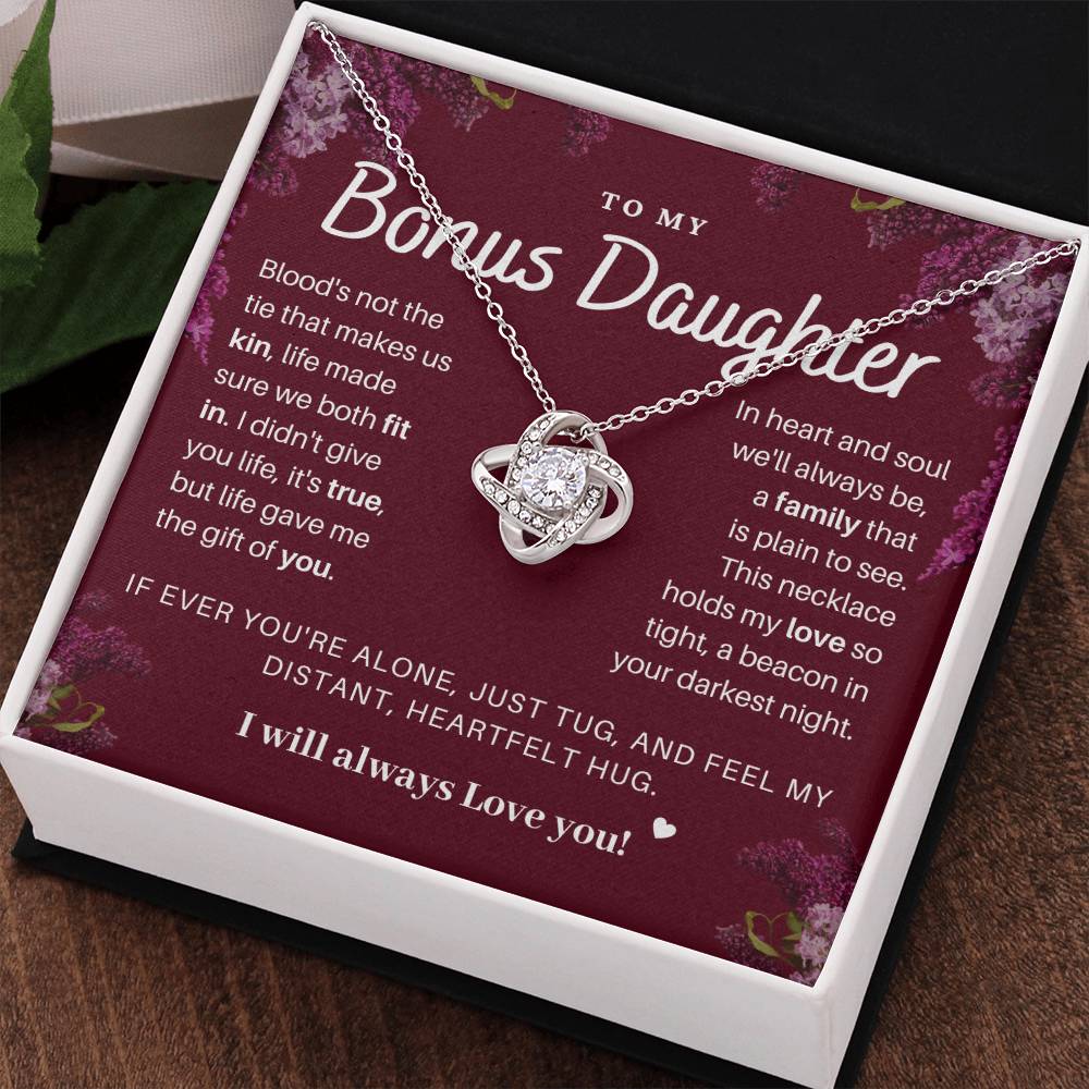 DesignTheShine Bonus Daughter Gifts Necklace for Stepdaughter Gift from Stepmom or Stepdad, Love Knot Necklaces for Christmas, Birthday, Graduation with Thoughtful Message Card and Gift Box - BD1