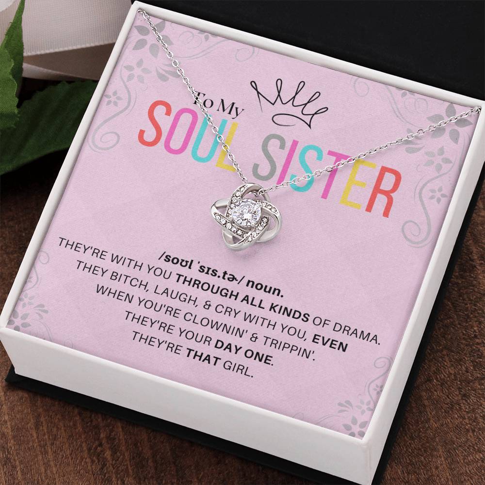 DesignTheShine Soul Sister Gifts for Women, BFF Gift, Best Friend Gift Ideas, Sisters Gift from Sister, Big Sister Gifts, Love Knot Necklace with Thoughtful Message Card and Gift Box - SS3