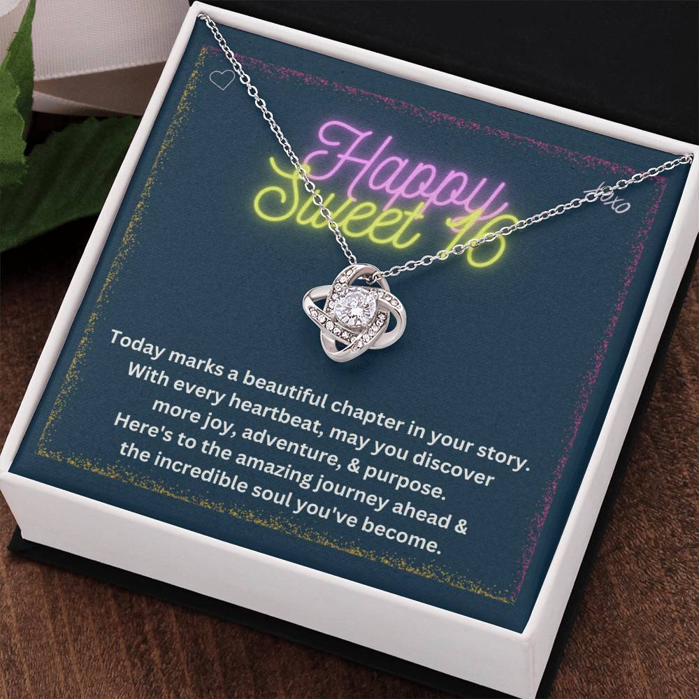 DesignTheShine Happy 16th Birthday Gifts for Girls, Sweet 16th Birthday Necklace for Daughter, Niece, Granddaughter or Girl, Gift Ideas Love Knot Necklace with Message Card and Gift Box - S65