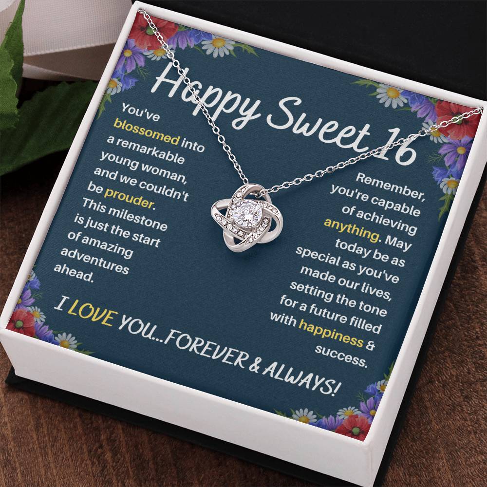 DesignTheShine Happy 16th Birthday Gifts for Girls, Sweet 16th Birthday Necklace for Daughter, Niece, Granddaughter or Girl, Gift Ideas Love Knot Necklace with Message Card and Gift Box - S61