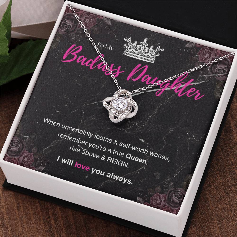 DesignTheShine Badass Daughter Necklace, Daughter Gifts from Mom or Dad, Christmas Gift for Teen Girls, Father Mother Daughter Gifts, Love Knot Necklace with Message Card and Gift Box - BA4