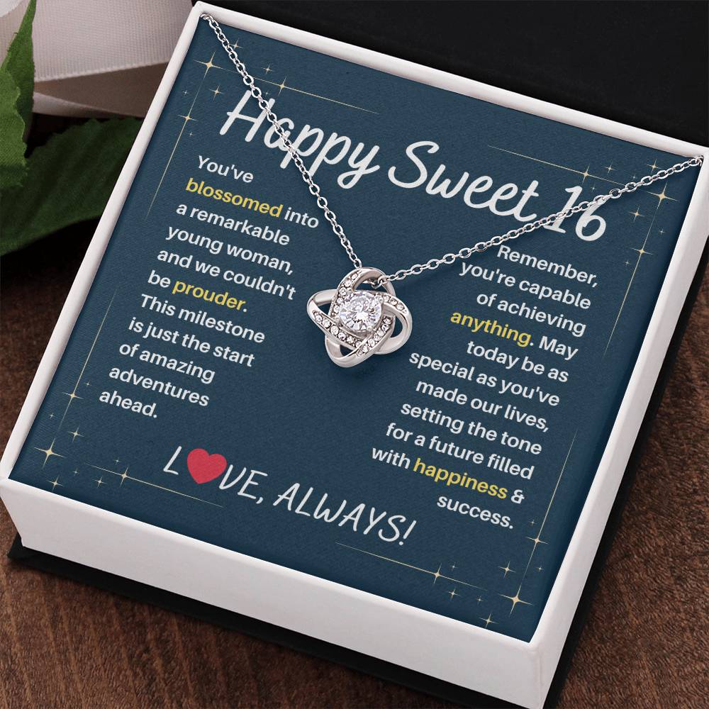 DesignTheShine Happy 16th Birthday Gifts for Girls, Sweet 16th Birthday Necklace for Daughter, Niece, Granddaughter or Girl, Gift Ideas Love Knot Necklace with Message Card and Gift Box - S62