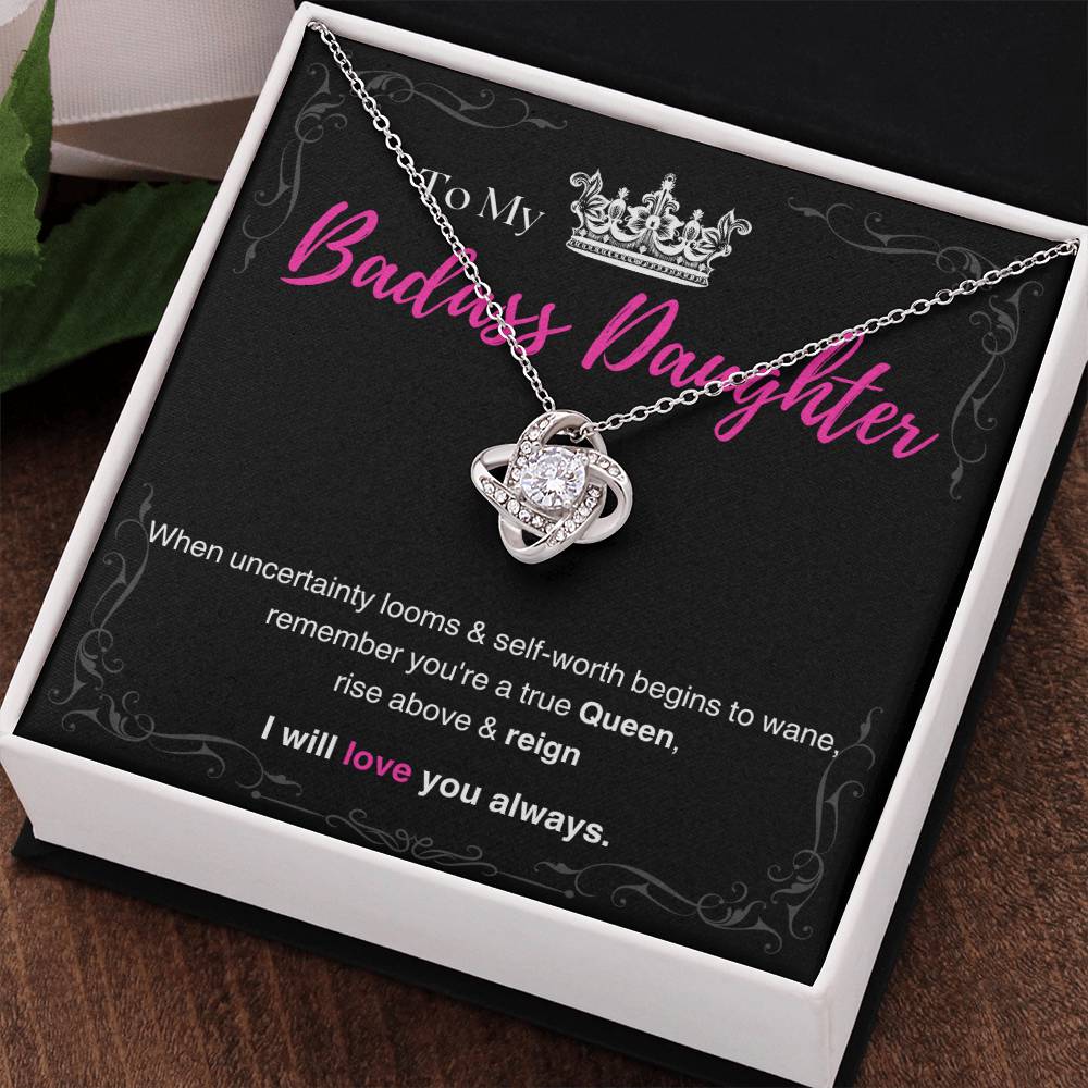 DesignTheShine Badass Daughter Necklace, Daughter Gifts from Mom or Dad, Christmas Gift for Teen Girls, Father Mother Daughter Gifts, Love Knot Necklace with Message Card and Gift Box - BA3